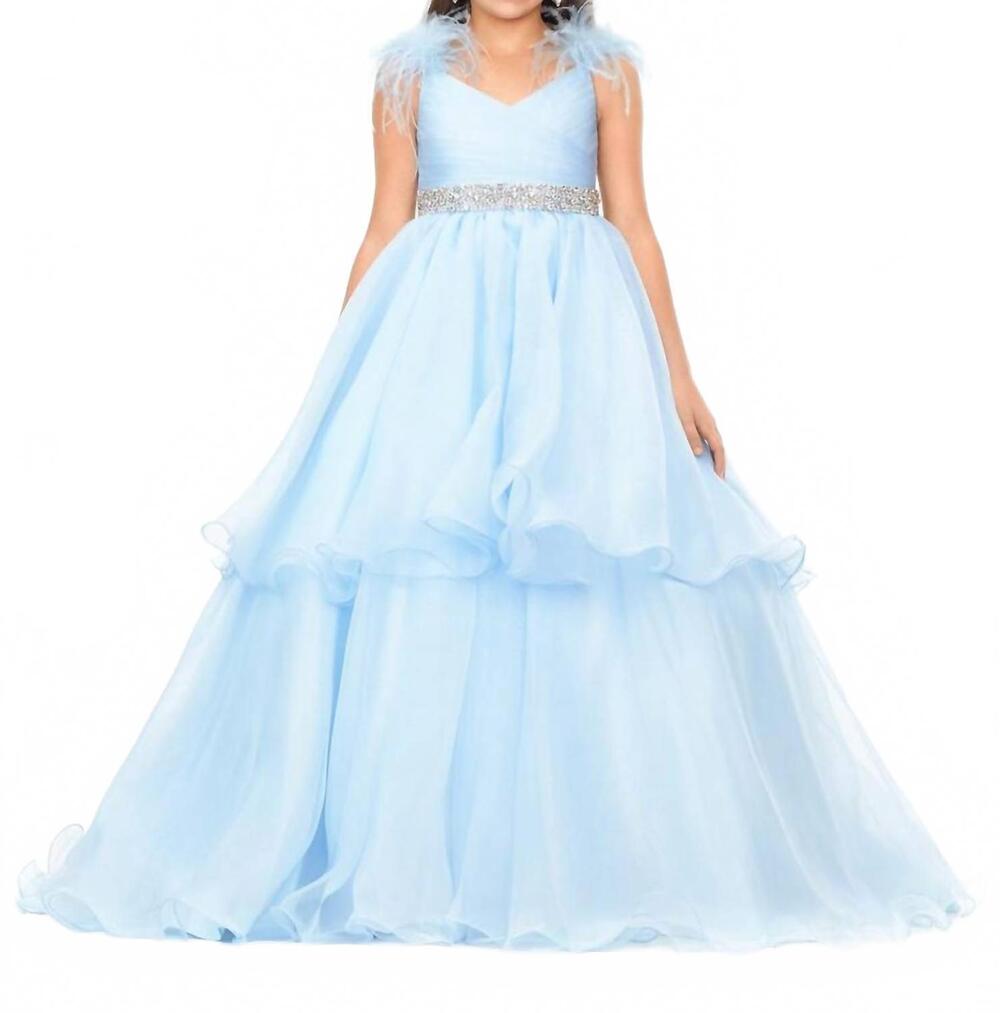 NEW ASHLEYLAUREN feather shoulders gown in sky